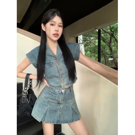 BY24244# 甜辣复古牛仔套装女收腰显瘦小飞袖上衣高腰半身裙两件套 服裝批發女裝批發服飾貨源