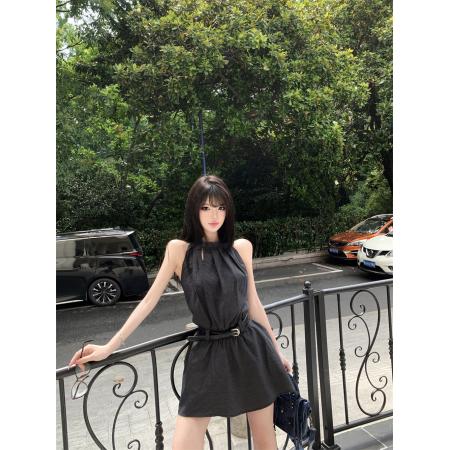 BY24248# 挂脖气质百搭收腰背心短裙夏季新款小个子无袖连衣裙 服裝批發女裝批發服飾貨源
