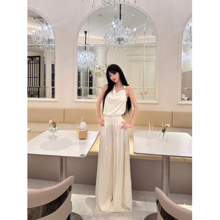 BY24249# 杏色时尚套装女夏季金属扣吊带上衣拖地阔腿裤两件套 服裝批發女裝批發服飾貨源