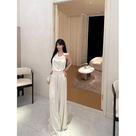 BY24249# 杏色时尚套装女夏季金属扣吊带上衣拖地阔腿裤两件套 服裝批發女裝批發服飾貨源