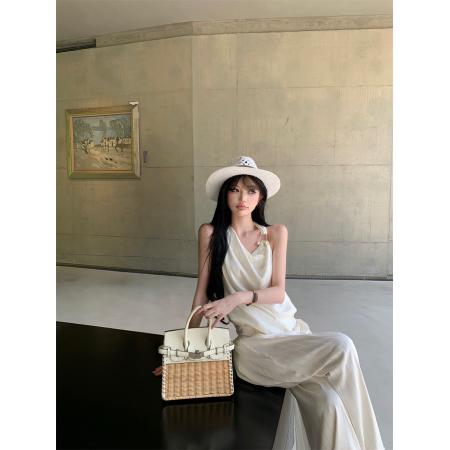 BY24249# 杏色时尚套装女夏季金属扣吊带上衣拖地阔腿裤两件套 服裝批發女裝批發服飾貨源