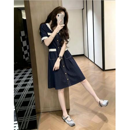 BY24250# 夏季新款花边拼接牛仔裙大码女装胖mm时尚显瘦收腰短袖连衣裙 服裝批發女裝批發服飾貨源
