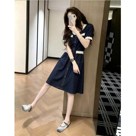 BY24250# 夏季新款花边拼接牛仔裙大码女装胖mm时尚显瘦收腰短袖连衣裙 服裝批發女裝批發服飾貨源