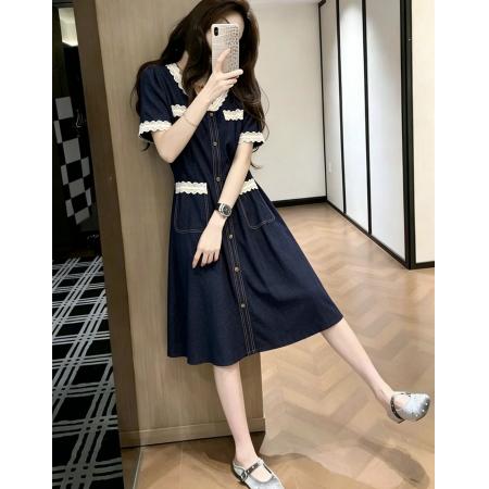 BY24250# 夏季新款花边拼接牛仔裙大码女装胖mm时尚显瘦收腰短袖连衣裙 服裝批發女裝批發服飾貨源