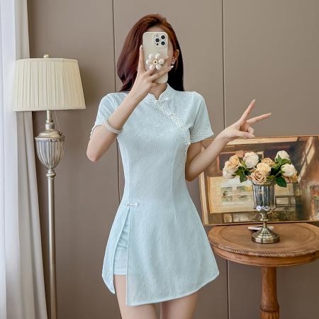 BY24260# 夏季新中式复古改良旗袍裙盘扣蕾丝国风连衣裙短裤两件套 服裝批發女裝批發服飾貨源
