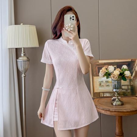 BY24260# 夏季新中式复古改良旗袍裙盘扣蕾丝国风连衣裙短裤两件套 服裝批發女裝批發服飾貨源