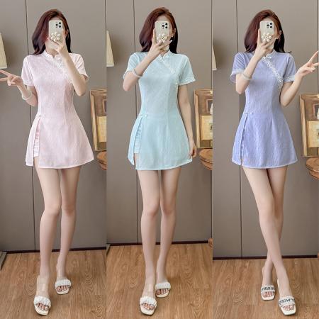 BY24260# 夏季新中式复古改良旗袍裙盘扣蕾丝国风连衣裙短裤两件套 服裝批發女裝批發服飾貨源