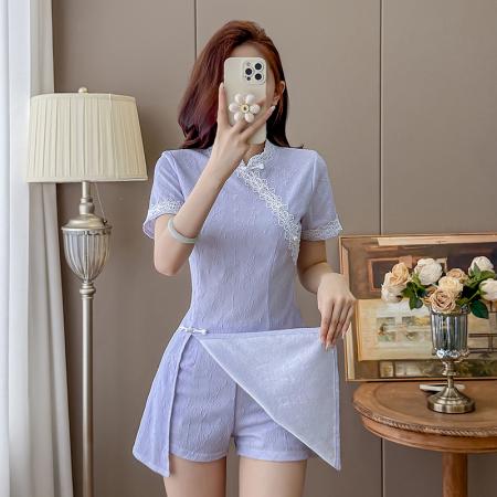 BY24260# 夏季新中式复古改良旗袍裙盘扣蕾丝国风连衣裙短裤两件套 服裝批發女裝批發服飾貨源