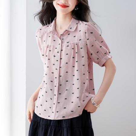 BY24271# 时尚简约小翻领灯笼袖仿麻印花衬衫女夏季宽松减龄显瘦上衣 服裝批發女裝批發服飾貨源