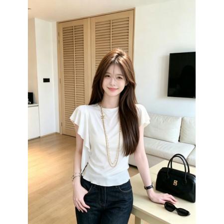BY24285# 莱赛尔减龄白色纯色短袖T恤女装夏季简约显瘦百搭外穿不规则上衣 服裝批發女裝批發服飾貨源