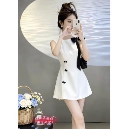 BY24295# 夏季网红新款千金风无袖连衣裙女赫本风法式蝴蝶结显瘦A字裙 服裝批發女裝批發服飾貨源