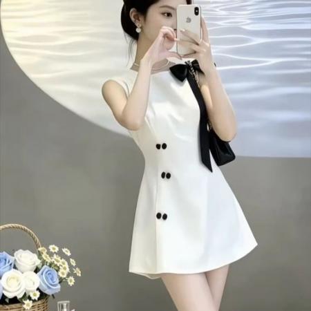 BY24295# 夏季网红新款千金风无袖连衣裙女赫本风法式蝴蝶结显瘦A字裙 服裝批發女裝批發服飾貨源