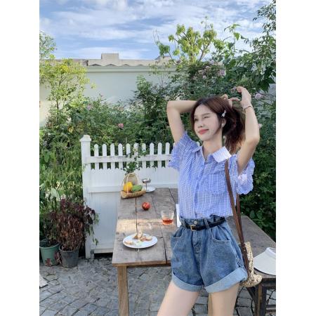 BY24296# 法式减龄格子短袖衬衫甜美夏季新款蓝色设计感小众衬衣耳边上衣 服裝批發女裝批發服飾貨源