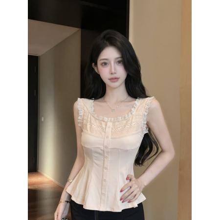 BY24300# 甜美蕾丝拼接方领背心高级感女夏季新款超好看纯欲修身上衣 服裝批發女裝批發服飾貨源