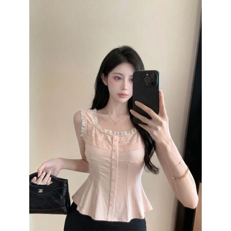 BY24300# 甜美蕾丝拼接方领背心高级感女夏季新款超好看纯欲修身上衣 服裝批發女裝批發服飾貨源
