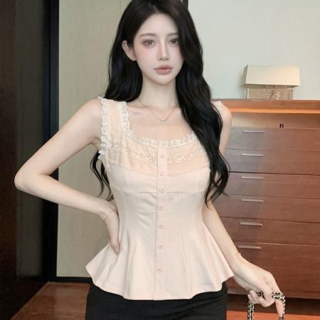 BY24300# 甜美蕾丝拼接方领背心高级感女夏季新款超好看纯欲修身上衣 服裝批發女裝批發服飾貨源