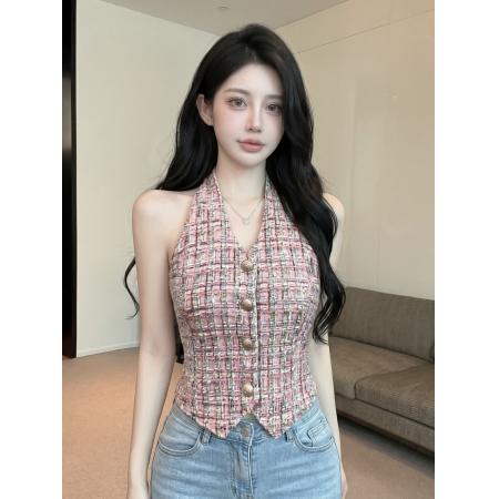 BY24311# 小香风挂脖背心女短款格纹金属扣女夏设计感小众高级感上衣 服裝批發女裝批發服飾貨源