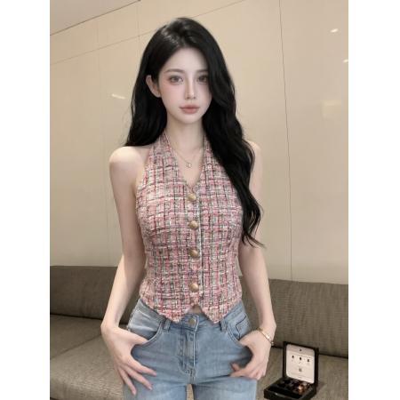 BY24311# 小香风挂脖背心女短款格纹金属扣女夏设计感小众高级感上衣 服裝批發女裝批發服飾貨源