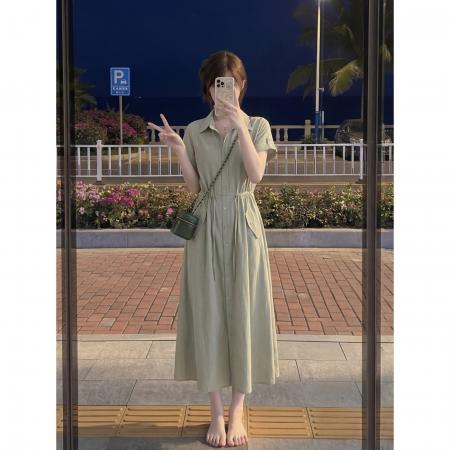 BY24319# 韩系简单大方绿色衬衫连衣裙女夏季休闲收腰显瘦气质松 服裝批發女裝批發服飾貨源