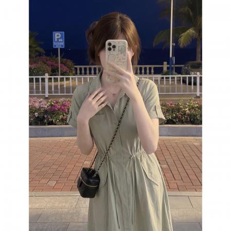 BY24319# 韩系简单大方绿色衬衫连衣裙女夏季休闲收腰显瘦气质松 服裝批發女裝批發服飾貨源