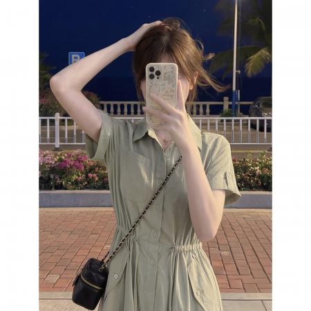 BY24319# 韩系简单大方绿色衬衫连衣裙女夏季休闲收腰显瘦气质松 服裝批發女裝批發服飾貨源