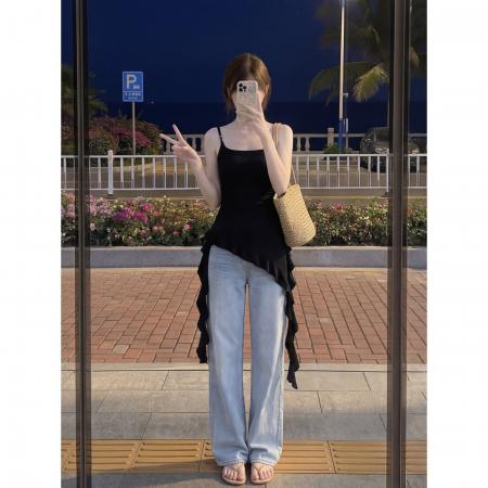 BY24320# 复古黑色吊带小背心女夏甜酷风夏季绝美不规则荷叶边辣 服裝批發女裝批發服飾貨源