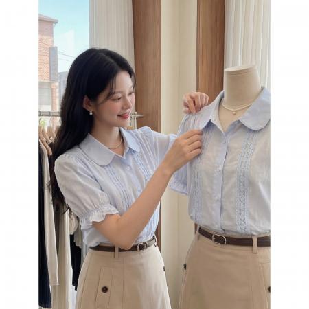 BY24322# 法式复古镂空娃娃领短袖衬衫女夏季气质花边袖衬衣半身 服裝批發女裝批發服飾貨源