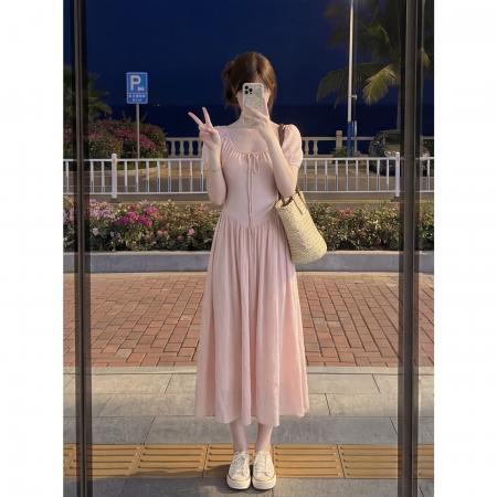 BY24324# 法式温柔风粉色连衣裙女夏季新款减龄绝美气质纯欲长 服裝批發女裝批發服飾貨源