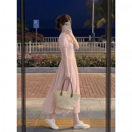 BY24324# 法式温柔风粉色连衣裙女夏季新款减龄绝美气质纯欲长 服裝批發女裝批發服飾貨源