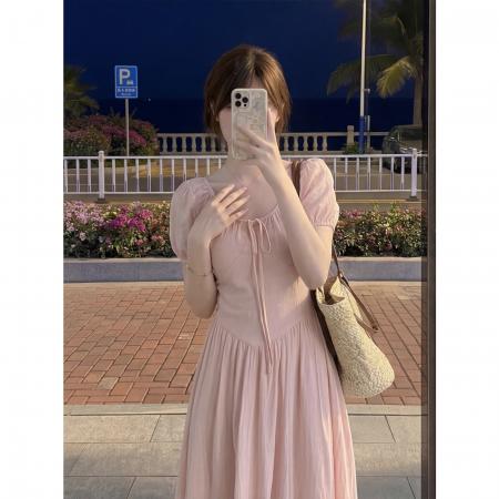 BY24324# 法式温柔风粉色连衣裙女夏季新款减龄绝美气质纯欲长 服裝批發女裝批發服飾貨源