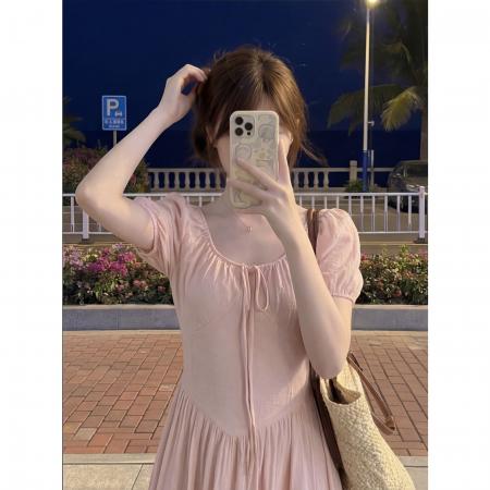 BY24324# 法式温柔风粉色连衣裙女夏季新款减龄绝美气质纯欲长 服裝批發女裝批發服飾貨源