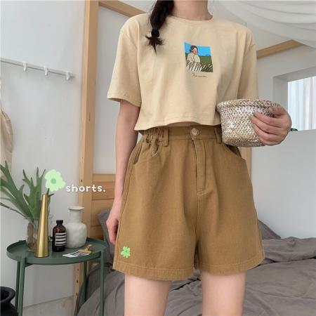 BY24327# 重工高腰花朵短裤宽松阔腿休闲裤直筒裤子 服裝批發女裝批發服飾貨源