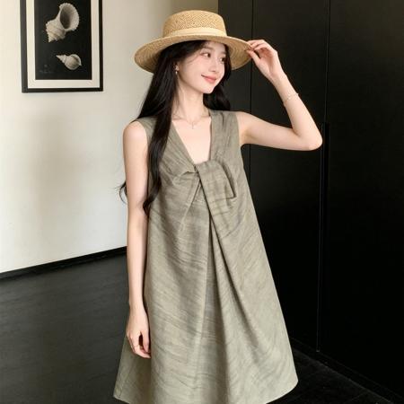 BY24328# 上新夏装新款复古纽结v领宽松这款连衣裙休闲显瘦短裙 服裝批發女裝批發服飾貨源