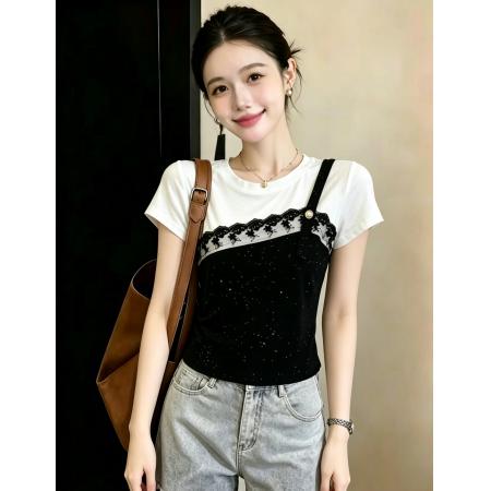 BY24339# 假两件蕾丝拼接亮闪闪短袖T恤女显瘦洋气宽松上衣 服裝批發女裝批發服飾貨源