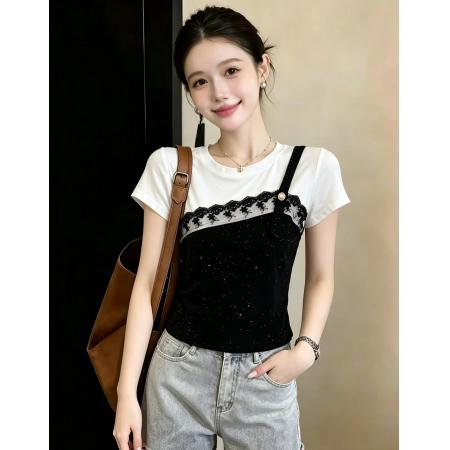 BY24339# 假两件蕾丝拼接亮闪闪短袖T恤女显瘦洋气宽松上衣 服裝批發女裝批發服飾貨源