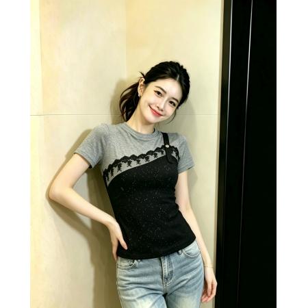 BY24339# 假两件蕾丝拼接亮闪闪短袖T恤女显瘦洋气宽松上衣 服裝批發女裝批發服飾貨源
