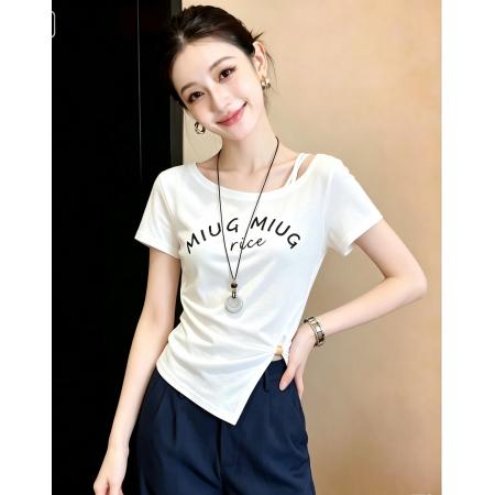 BY24341# 设计感斜领短袖t恤女夏季新款时尚印花修身显瘦小众独特漂亮上衣 服裝批發女裝批發服飾貨源