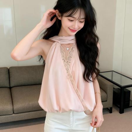 粉色纯欲雪纺衫挂脖上衣女法式无袖衬衫上衣 服裝批發女裝批發服飾貨源
