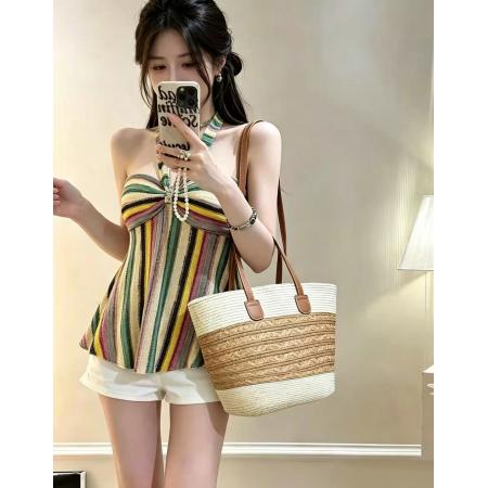 BY24357# 夏季彩虹条挂脖抹胸背心百搭无袖辣妹上衣女度假小衫 服裝批發女裝批發服飾貨源