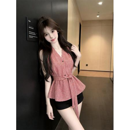 韩系气质收腰无袖v领衬衫夏季简约百搭系带短袖上衣 服裝批發女裝批發服飾貨源