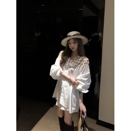 编织水溶绣领复古荷叶边衬衫女+亚麻短裤套装 服裝批發女裝批發服飾貨源