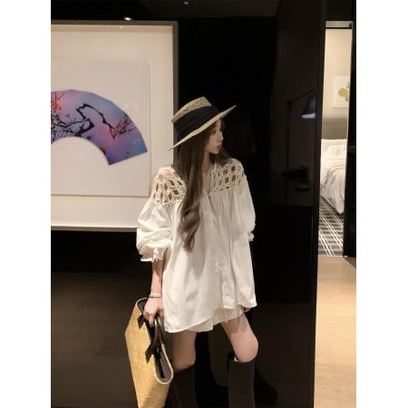 编织水溶绣领复古荷叶边衬衫女+亚麻短裤套装 服裝批發女裝批發服飾貨源