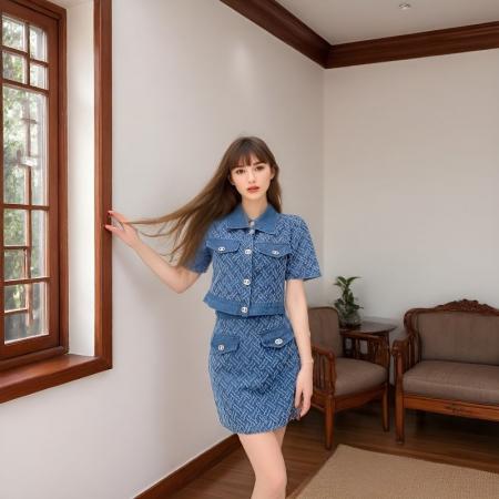 BY24390# 牛仔套装女夏季新款炸街POLO领短袖上衣高腰半身裙两件套 服裝批發女裝批發服飾貨源