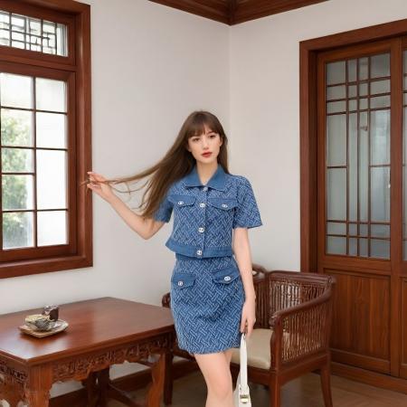 BY24390# 牛仔套装女夏季新款炸街POLO领短袖上衣高腰半身裙两件套 服裝批發女裝批發服飾貨源