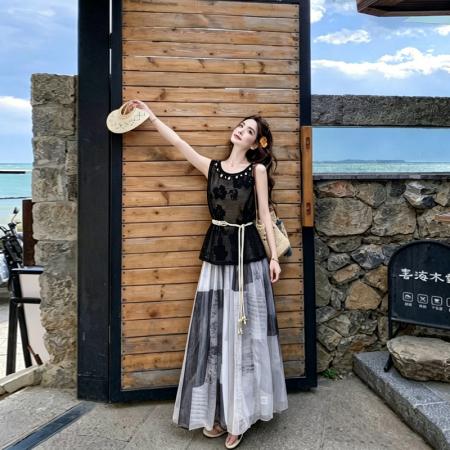 BY24391# 夏季新款高级感度假风无袖蕾丝罩衫高腰印花半身长裙套装 服裝批發女裝批發服飾貨源