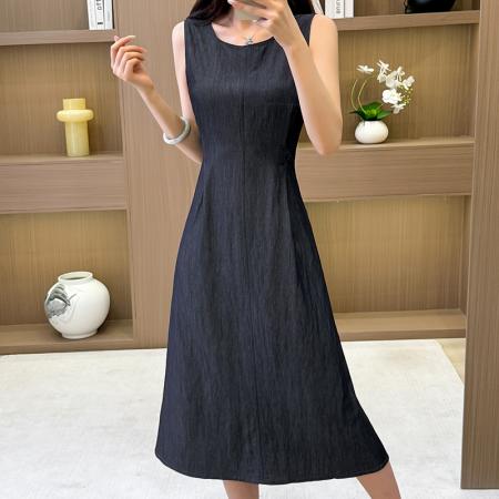 BY24401# 夏季无袖牛仔连衣裙长裙高腰收腰a字显高显瘦 服裝批發女裝批發服飾貨源