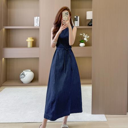 无袖牛仔连衣裙长裙收腰高腰 服裝批發女裝批發服飾貨源