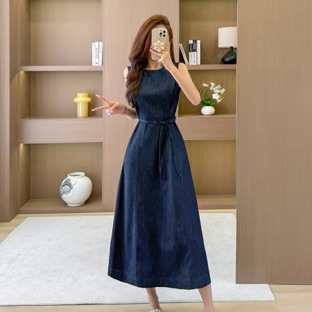 无袖牛仔连衣裙长裙收腰高腰 服裝批發女裝批發服飾貨源