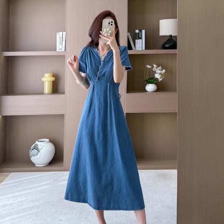 夏季连衣裙女中长裙高腰短袖牛仔裙优雅显高显瘦 服裝批發女裝批發服飾貨源