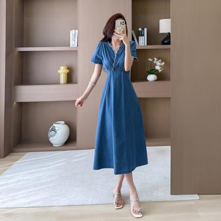 夏季连衣裙女中长裙高腰短袖牛仔裙优雅显高显瘦 服裝批發女裝批發服飾貨源
